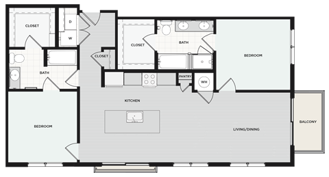 Floor plan for 2 beds, 2 baths, 1232 sqft
